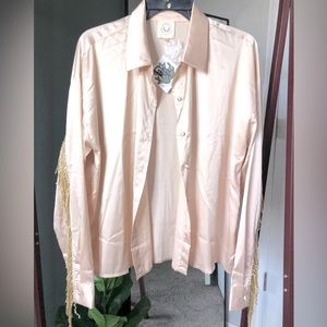 NWT Womens Desert Down Tan Silk and Gold Fringe Button Up Blouse size M
